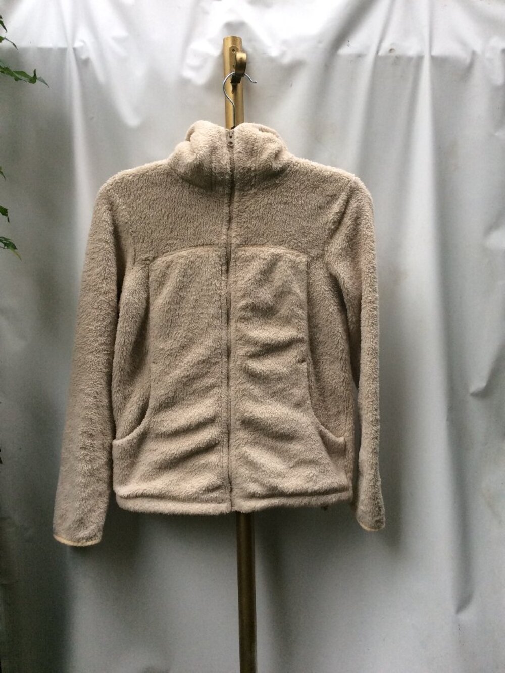 Lands' End High Pile Sherpa Fleece Full Zip Hooded Jacket Beige XS